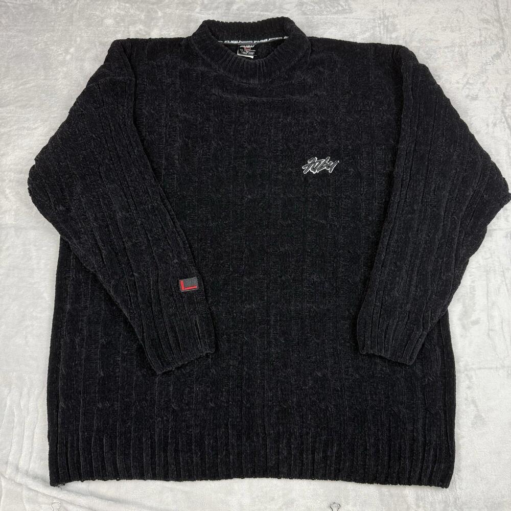 VTG FUBU Sports Black Chenille Ribbed Crewneck Sweater Hip-Pop Size XL Y2K Relax